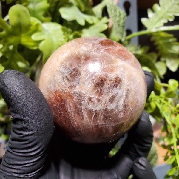 Peach moonstone sphere with blue flash crystal orb 58mm