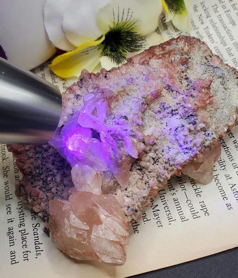 K&ouml;nnte beinhalten: Ein Cluster aus rosa und wei&szlig;en Kristallen auf einem Stein. Die Kristalle werden mit UV-Licht beleuchtet, wodurch sie in einem leuchtenden Lila leuchten.