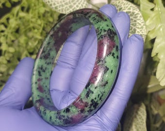 Ruby Zoisite Bangle Bracelet 64.3mm – Natural Ruby in Zoisite Crystal, Green Pink Gemstone Jewelry, Healing Chakra Bracelet