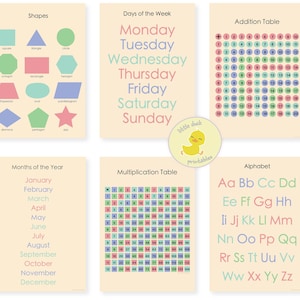 PASTEL Educación Aprendizaje Carteles BUNDLE / Alfabeto Formas Días Meses Multiplicación Suma / Sala de juegos Montessori Impresión / Archivo Digital