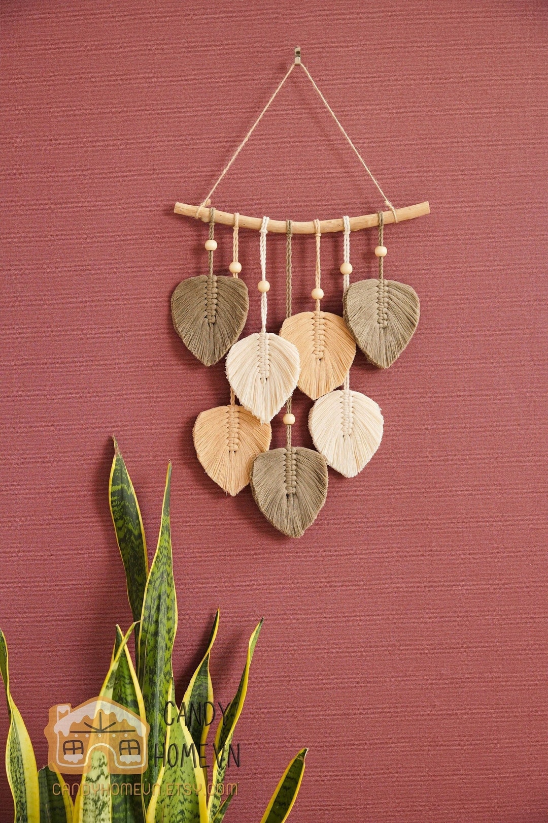 Green Leaves Macrame Wall Hanging, Green Leaf Wall Decor, Minimalist