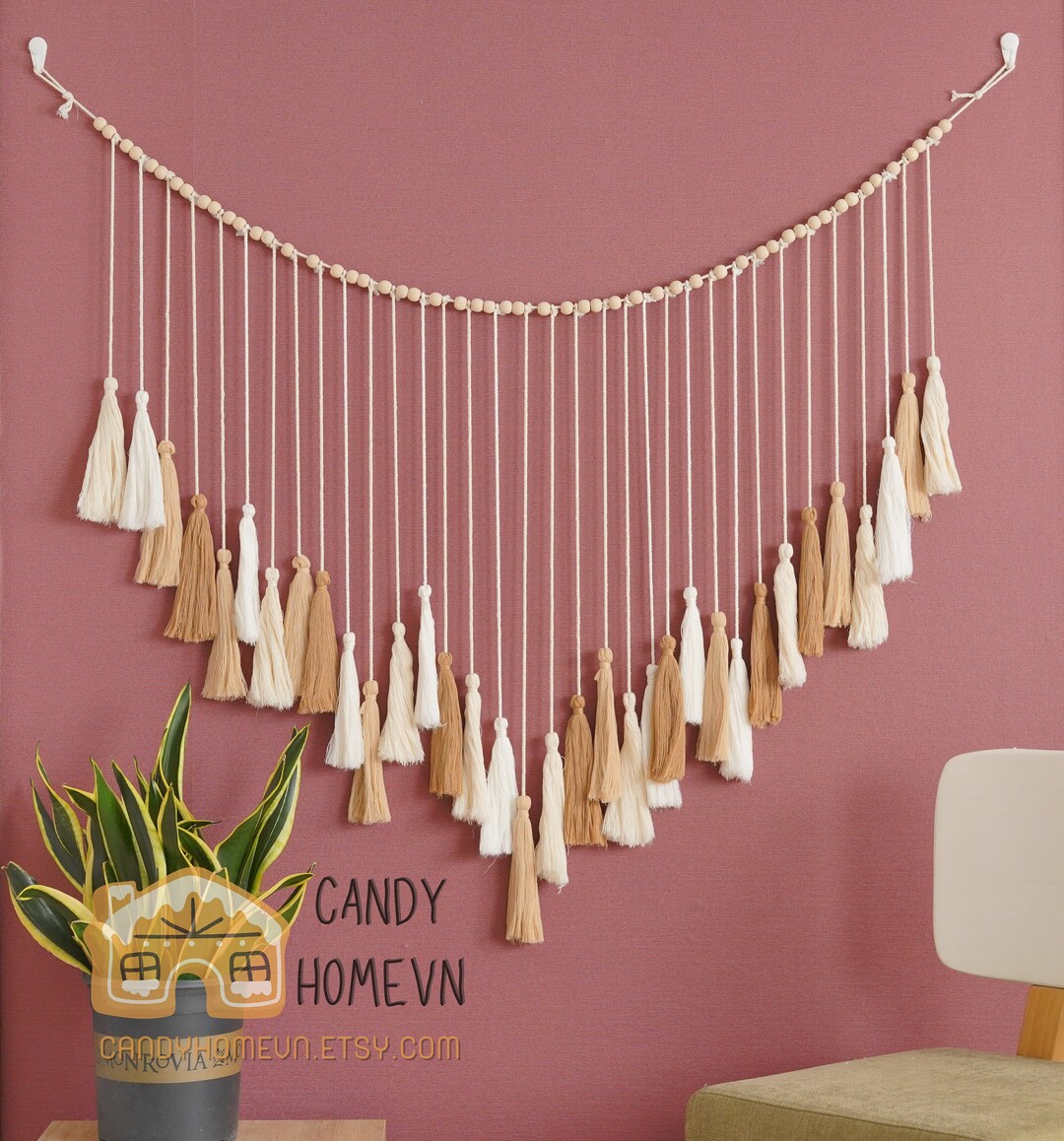 Macrame Tassel Garland, Earth Tone Fiber Art, Boho Wall Decor, Girls