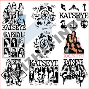 May include: A collection of black and white graphic designs featuring the text KATSEYE, portraits of a group of six individuals, and various symbols including anchors, cherries, stars, and keys, arranged in a grid-like layout on a white background.