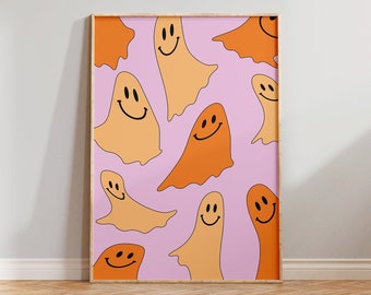 Cute Ghost posters, Preppy room decor, Spooky Prints, Halloween Decor, Trendy smiley poster, Pink and orange wall art, Digital Download