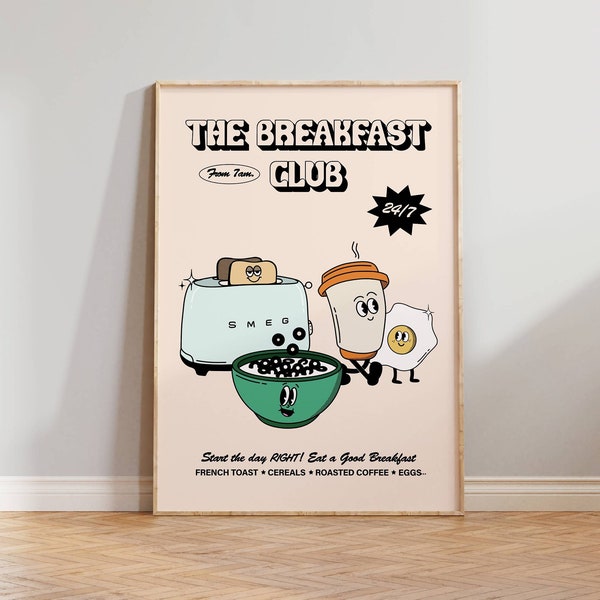 Fun Kitchen Wall Art, The Breakfast Club Retro Characters Wall Print, Coffee lovers, 70s funky art, Trendy posters, Digital download print