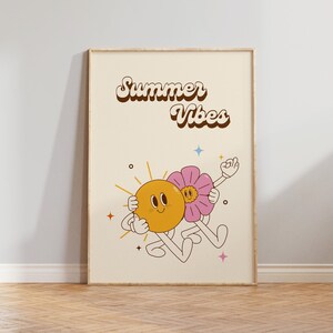 Retro quote wall art print, Trendy Summer Vibes, 70s Printable Poster, Pink and Orange aesthetic, Retro cartoon mascot