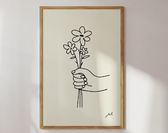 Neutral minimalist wall art, 70's retro print, Hand drawn flowers, Boho poster, Gift for her, Modern home, Aesthetic room decor, Pinterest