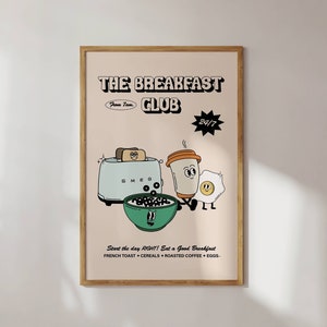 The Frühstücksclub Retro Zeichen Wandbild, Lustige Küche Wandkunst, Kaffeeliebhaber, 70er Jahre funky, trendiges Poster, Digitaler Download Druck