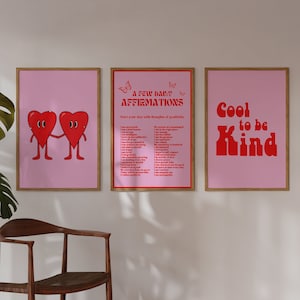 Impresión de pared rosa y rojo de moda, Conjunto de 3 arte de pared, Cartel de afirmaciones diarias, Impresión estética, Decoración de la habitación Y2k, Descarga digital, Impresiones lindas