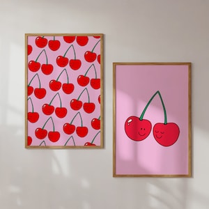 Pink and red wall print, Set of 2 cherries, Dorm decor, Trendy aesthetic prints, Y2k room decor, Retro art, Digital Download, Cute posters