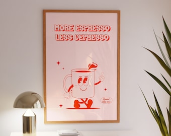 Cute coffee poster printable, Trendy kitchen decor, Retro Wall Art, Motivational quote, Aesthetic room decor, Pink and red poster