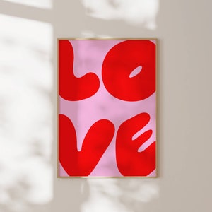 Love Wall Print, Pink and red Retro Wall Decor, Quote typography, Downloadable, Preppy room decor, Dorm decor, Digital download, Y2k poster