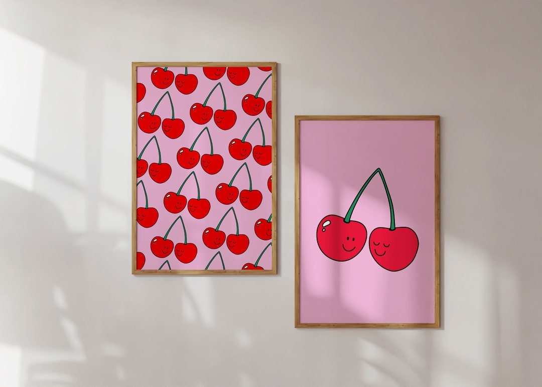 Pink and Red Wall Print, Set of 2 Cherries, Dorm Decor, Trendy