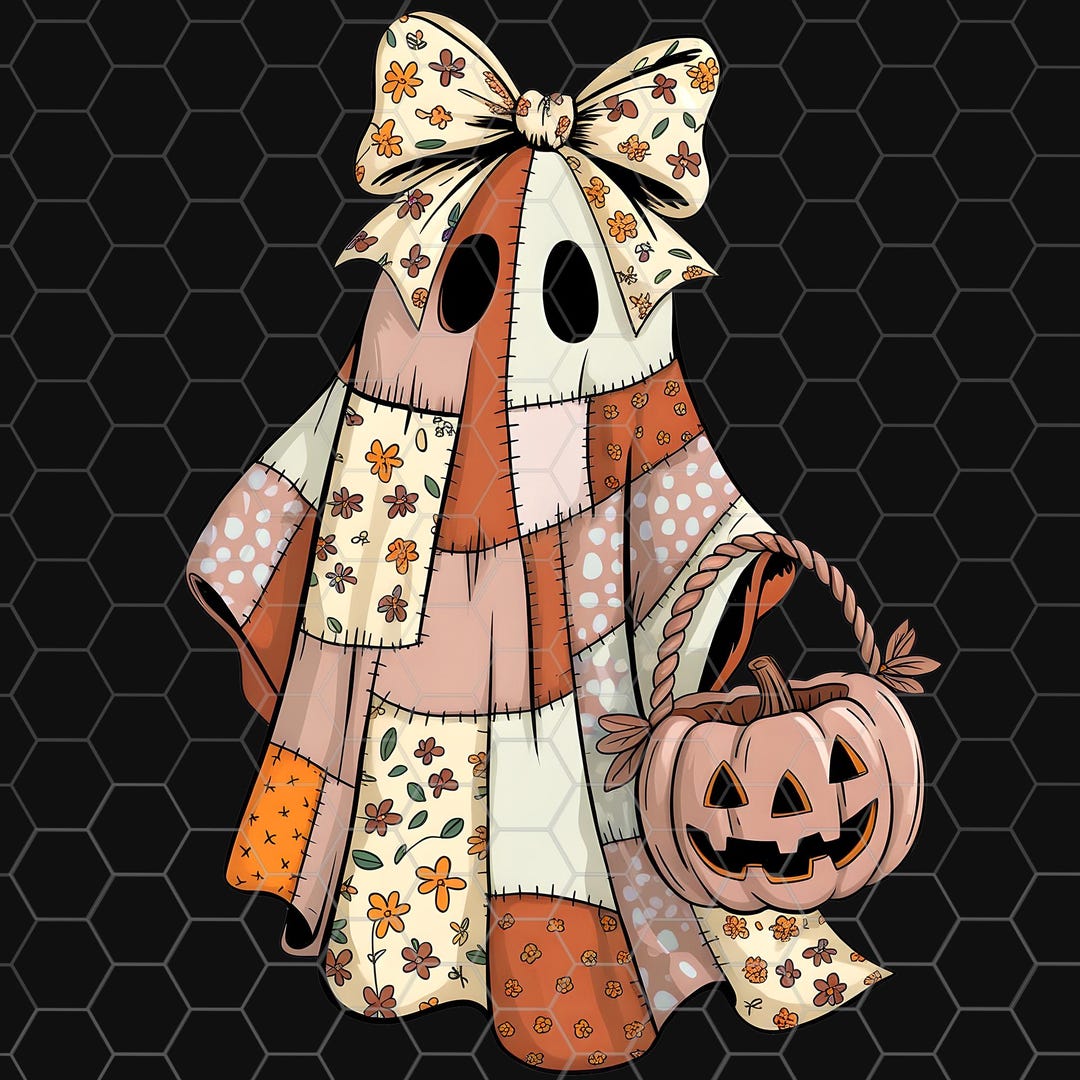 Patchwork Ghost Pattern Retro Halloween Patchwork Ghost PNG, Spooky Coquette Pumpkin (digital ...