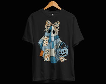 Retro denim patchwork spook png, griezelseizoen (digitale download)