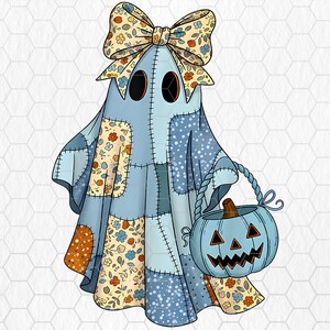 May include: A whimsical Halloween ghost illustration. The ghost is draped in a patchwork quilt-like sheet of light blue fabric, adorned with floral and dotted patterns. It carries a blue pumpkin basket and wears a large bow.