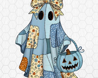Retro denim patchwork spook png, griezelseizoen (digitale download)