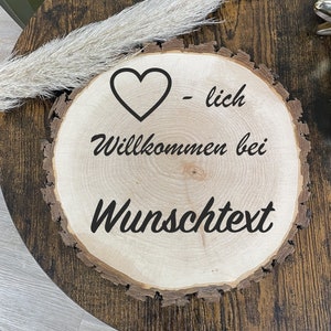 Baumscheibe individuell, Baumscheibe graviert, Herzlich Willkommen Schild, Familienschild, Baumscheibe mit Gravur, Holzscheibe mit Gravur