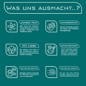 May include: A teal green graphic with white text and icons outlining the values of a company. The text reads "WAS UNS AUSMACHT..?" and includes the following values: "JUNGES TEAM", "HANDGEFERTIGT", "MIT LIEBE", "UMWELTBEWUSST", "SCHNELLER SERVICE", and "SCHNELLER VERSAND".