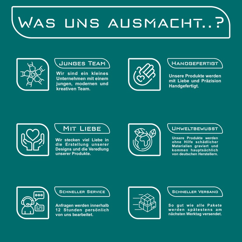 May include: A teal green graphic with white text and icons outlining the values of a company. The text reads "WAS UNS AUSMACHT..?" and includes the following values: "JUNGES TEAM", "HANDGEFERTIGT", "MIT LIEBE", "UMWELTBEWUSST", "SCHNELLER SERVICE", and "SCHNELLER VERSAND".
