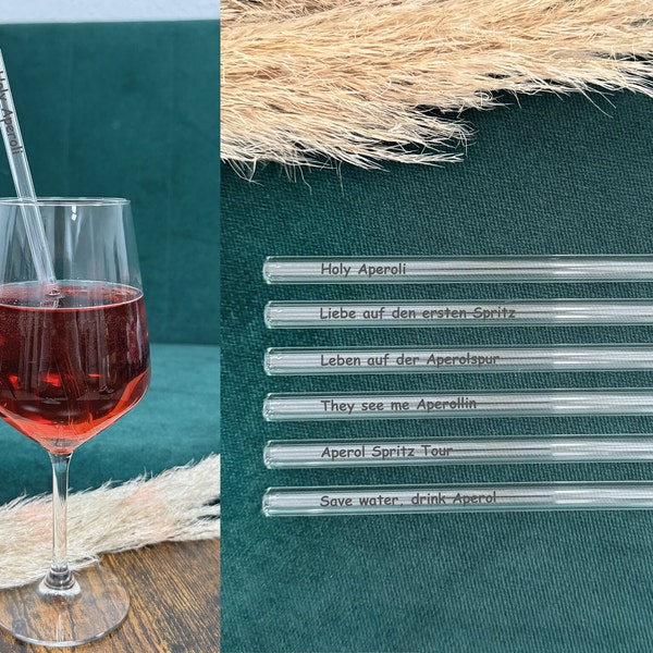 Strohhalm aus Glas, Glashalm mit Aperolsprüchen, Glastrinkhalm, 6er Set Trinkhalme aus Glas mit Aperol-Sprüchen, Glasstrohhalme graviert