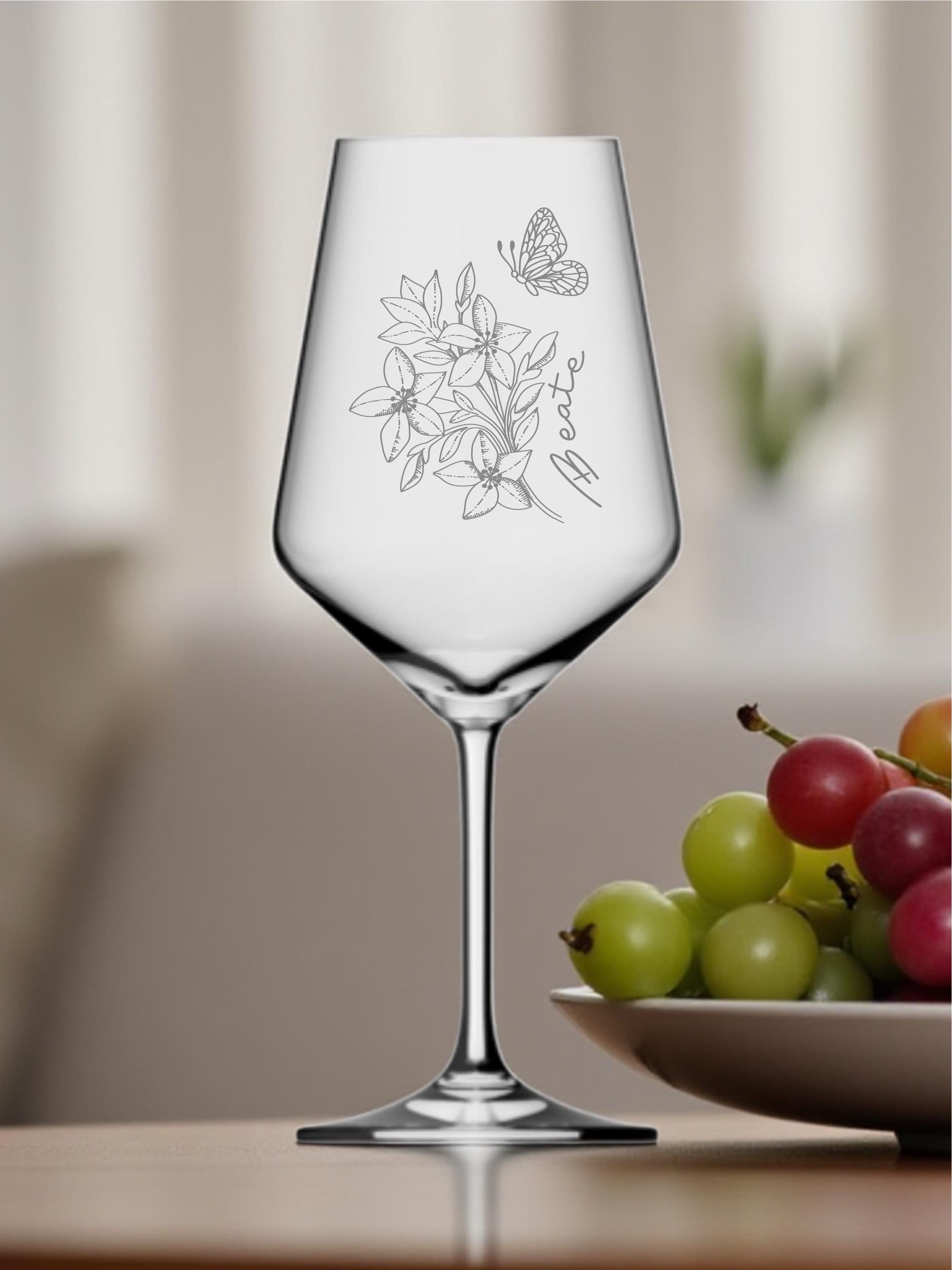 Weinglas mit Gravur, Blumen & Schmetterling, Personalisiertes Weinglas, Wein Geschenk, Geschenk für Weinliebhaber, Weinglas mit Namen