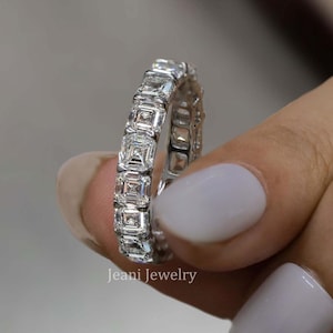 Asscher Cut Full Eternity Band Moissanite Wedding Band 14k White Gold 4mm Thick Eternity Ring Stacking Ring Unique Modern Wedding Band