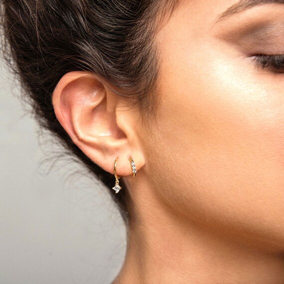 Hoop Earrings With Charm,diamond Drop Hoops,14k Solid Gold
