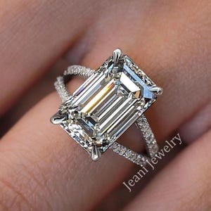 Emerald cut moissanite engagement ring 14k Solid White Gold solitaire split shank 4.5 CT emerald cut ring wedding ring 1st anniversary Gifts