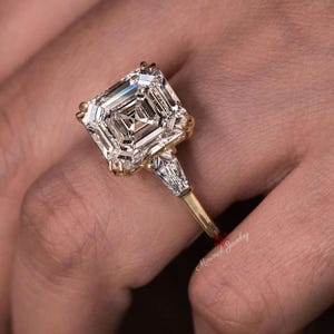 Square Asscher Cut Moissanite Engagement Ring 14k Yellow Gold 10 TCW Anniversary Gift Three Stone Wedding Ring for Wife