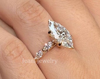 3 CT Marquise Cut Lab Grown Diamond Engagement Ring, 14k Solid Gold Unique Side Stone Wedding Ring, IGI Certified Marquise Bridal Jewelry