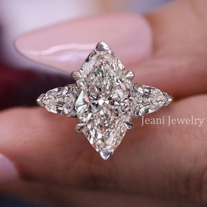 4 CT Moissanite Marquise Engagement Ring Three Stone Shield Cut Celebrity Style