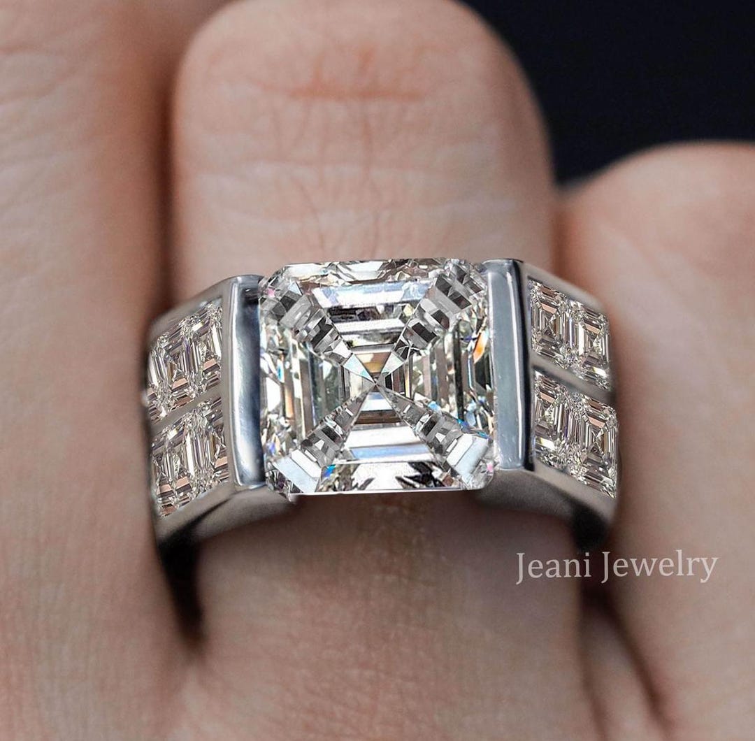 Mens Asscher Cut Moissanite Ring: Wide Band Engagement Ring, CT