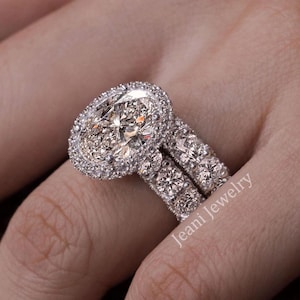 Oval engagement ring set moissanite 14k white gold 4 CT halo solitaire wide eternity band cocktail wedding ring set anniversary gift for her