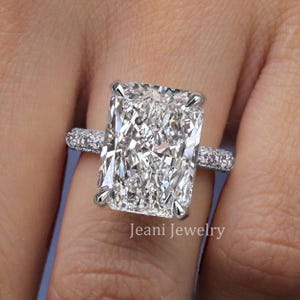 12.5 CT Radiant Cut Moissanite Engagement Ring: White Gold Solitaire, Pave Band