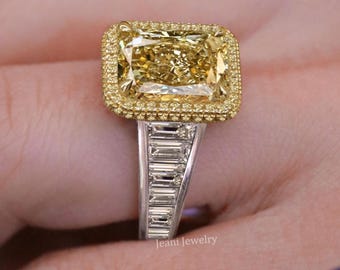 Canary Yellow Moissanite Engagement Ring Radiant Cut 8 CT Baguette Halo 14k white gold