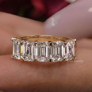 Emerald Moissanite Eternity Wedding Band 14k White Gold 5-Stone Engagement Ring
