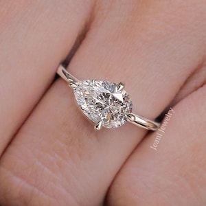 Unique East West Pear Lab Grown Diamond Ring 14k White Gold Solitaire 1.5CT CVD Engagement Promise Ring for Women 1st Anniversary Gift