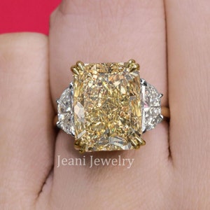 Handmade Canary Yellow Moissanite Engagement Ring: Radiant Cut, Three Stone