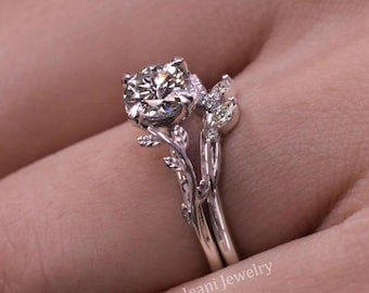 Platinum Moissanite Engagement Ring Set: Flower Leaf Wedding Band