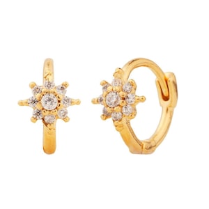 Diamond Huggie Hoop Earrings 14k Solid Gold Cartilage Hoops Tiny Diamond Helix Earrings Dainty Gold Huggies Gift for Her