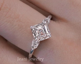Anillo de diamantes Asscher cultivados en laboratorio con engaste biselado. Anillo de diamantes de laboratorio de 2 quilates con certificación IGI y talla Asscher. Anillo de boda para mujer. Anillo de aniversario.