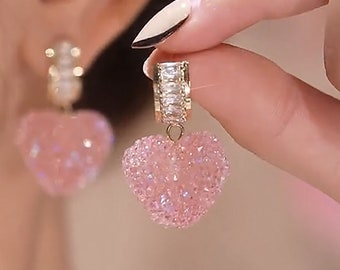Korean rock candy peach heart earrings cute candy-colored heart-shaped crystal zircon earrings S925 silver needle pink love R4 R5 R6R6