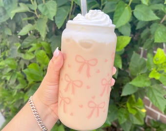 Pink Hearts & Bows Glass Mug: Coquette Iced Coffee Cup
