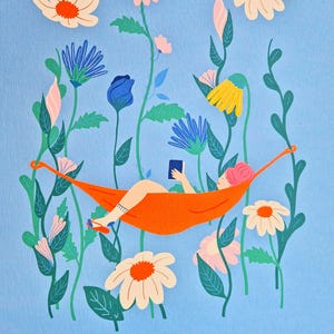 Póster arte impresión ilustración mujer flores siesta hamaca