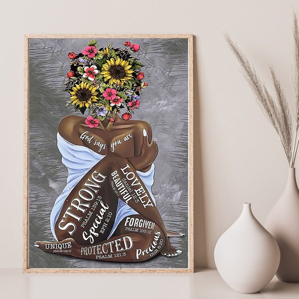 God Says You Are Strong And Lovely Poster, A Girl Flower On Head, Flower Head Wall Decor, Black Women Art