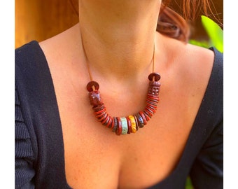 Boho Multicolor Ceramic Beaded Summer Necklace, Clay Jewelry, Gift for Mom