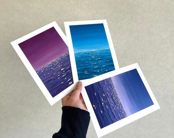 Dunkler Ozeanblick Drucke von originalen Ölgemälden, Meereswellen, erhältlich in blau, rosa und lila, Größe A5, Wandkunst, Wohnkultur, einzigartiges Geschenk