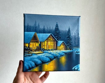 Solitude’s Haven" an original painting of a snowy, cozy view, nature art, interior decorations, wall art, winter, snow, blue, lights