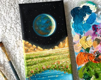 Pintura al óleo original: Paisaje planetario surrealista, arte astronómico (10 x 20 cm)